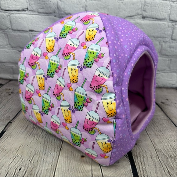 Guinea Pig Handmade Hut Bed Removable Pad Boba Tea Print Bearded Dragon Purple - Picture 2 of 8